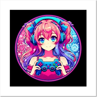 Pink neon bright gamer girl Posters and Art